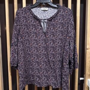 Studio B by Bobeau Shirt Plus 1X Blue Brown Pink Floral Boho Peasant Tunic Top